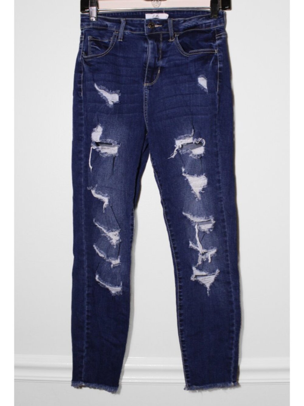 Cello Distressed Skinny Leg Jeans Dark Wash Stretch Ripped 5/27 27" W x 25" In